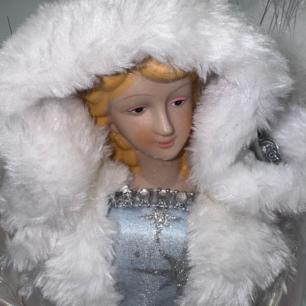 Christmas Tree‎ Topper Angel White Faux Fur Blue Gown Glitter Stars Ice Queen - Picture 2 of 12